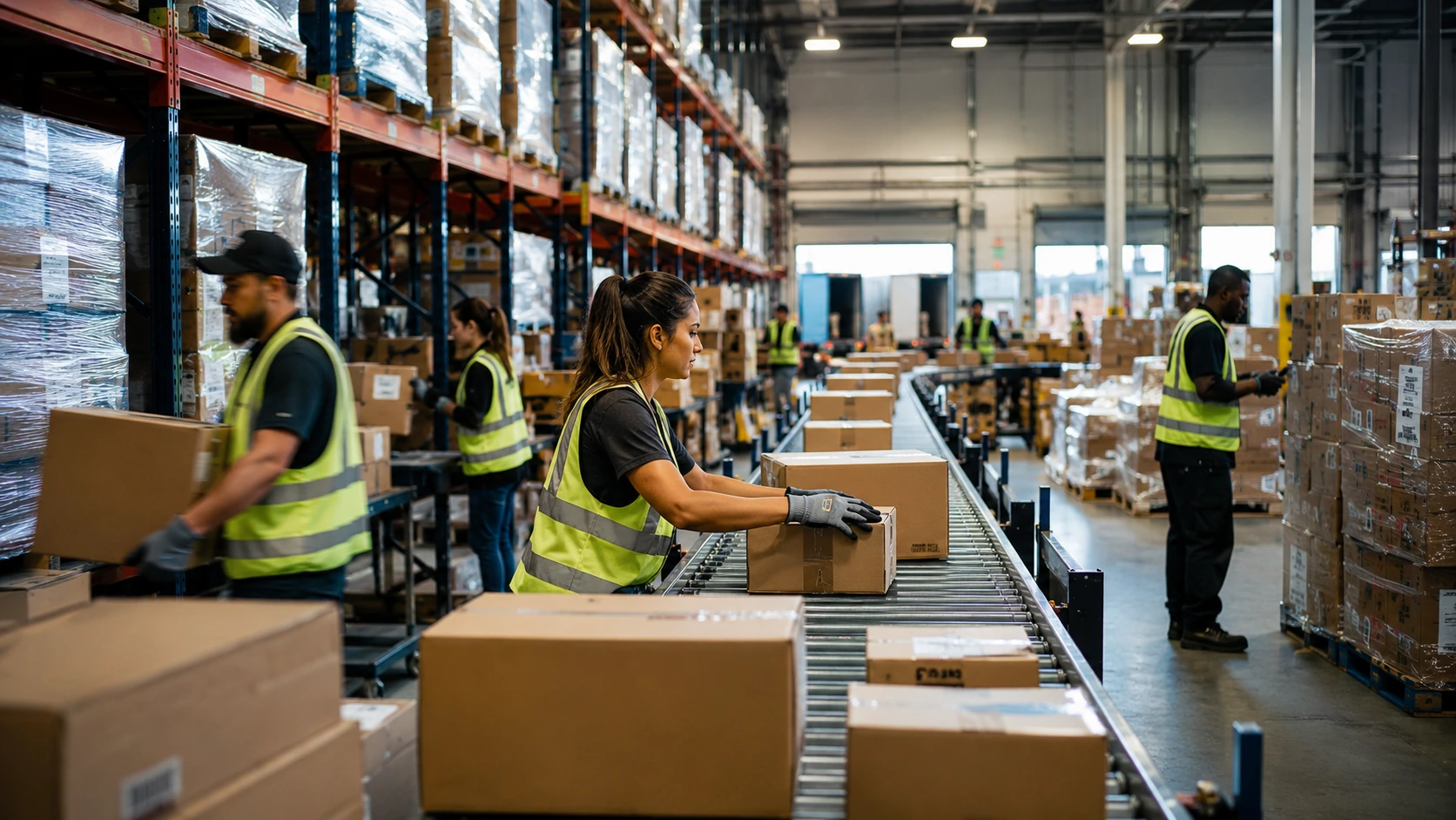 How to Staff a Seasonal Peak Without Disrupting Your Operation Large warehouse operation with forklifts during peak season