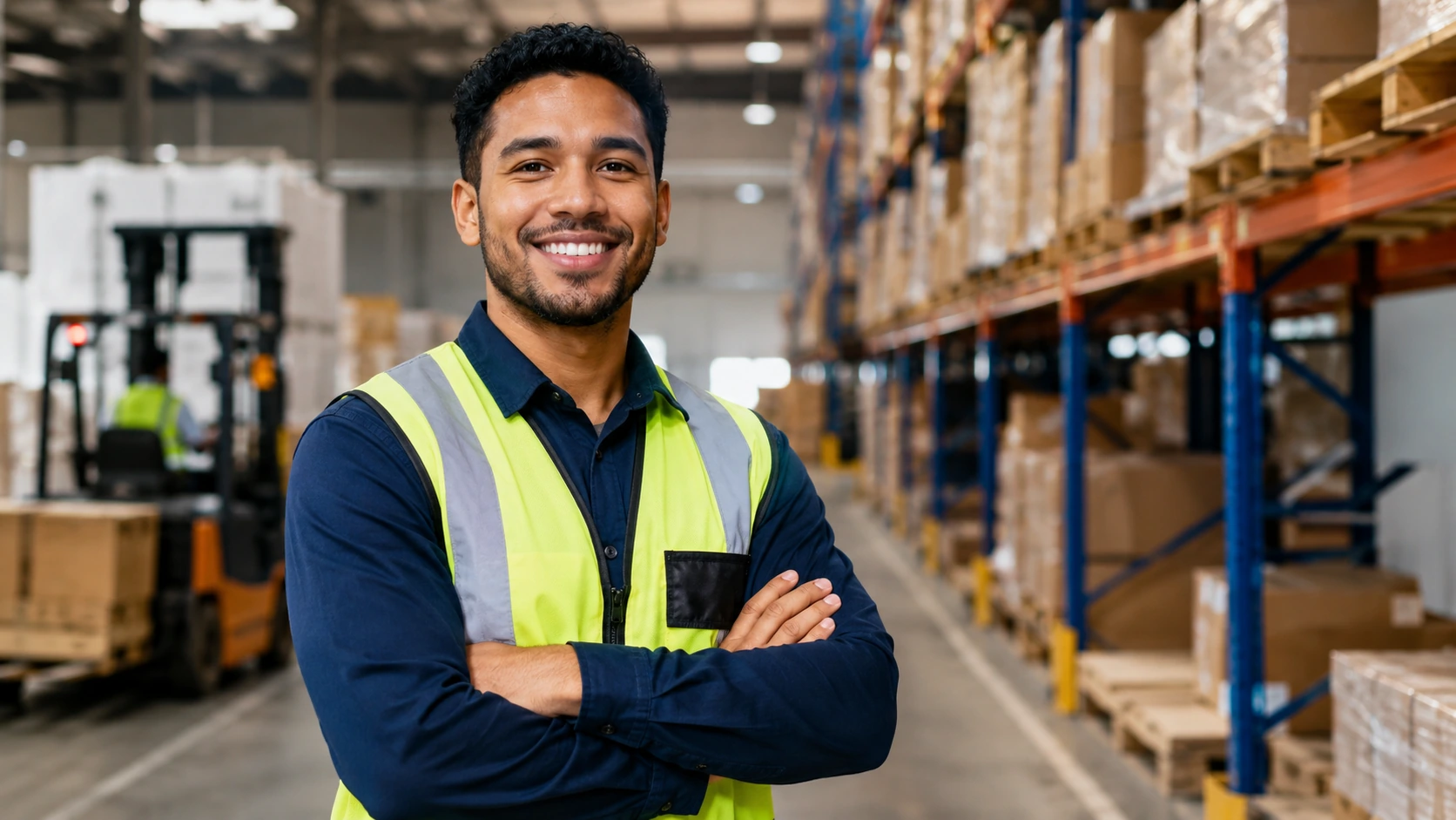Working With a Staffing Agency: A Guide for Warehouse Job Seekers Confident warehouse worker in hi-vis vest with arms crossed