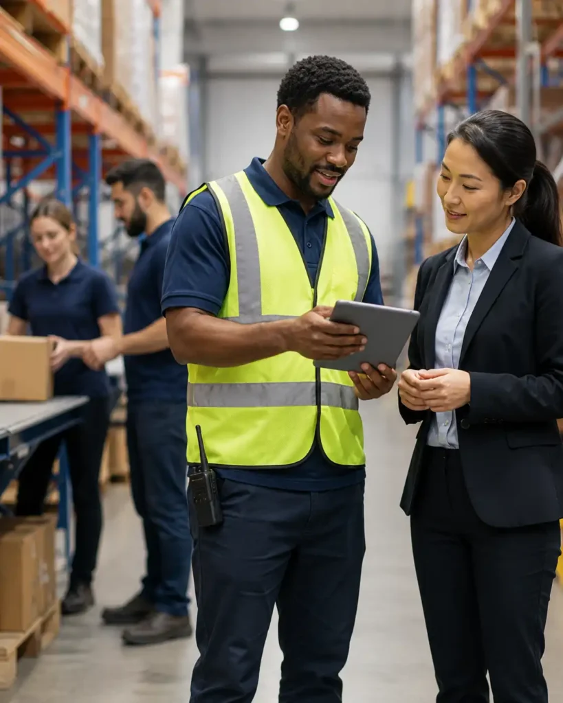 Staffing Solutions warehouse teamwork conversation